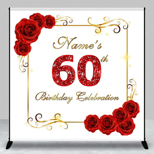 Lofaris Personalized Custom Red Roses Golden Frame Glitter 60th Birthday Celebration Backdrop Elegant Party Decor.