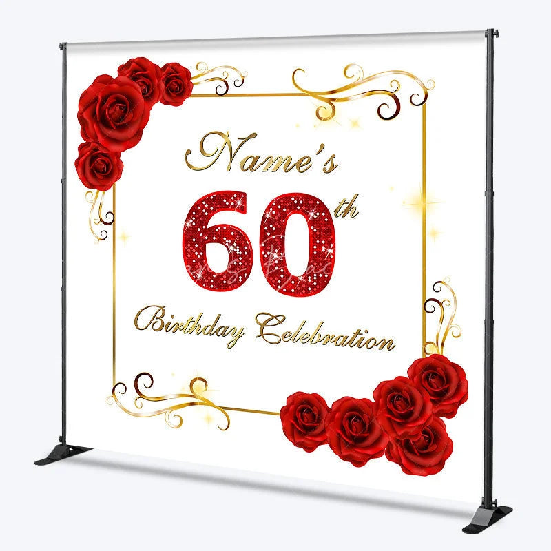 Lofaris Personalized Custom Red Roses Golden Frame Glitter 60th Birthday Celebration Backdrop Elegant Party Decor.