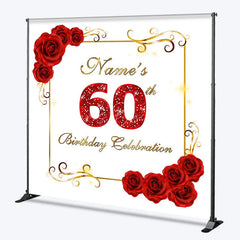 Lofaris Personalized Custom Red Roses Golden Frame Glitter 60th Birthday Celebration Backdrop Elegant Party Decor.