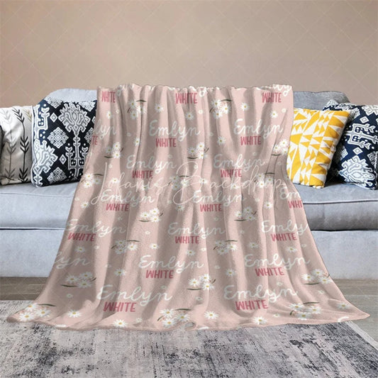 Lofaris Personalized Daisy Floral Blanket with Custom Name Pink Wildflower Theme for Girls Nursery Baby Shower Gift