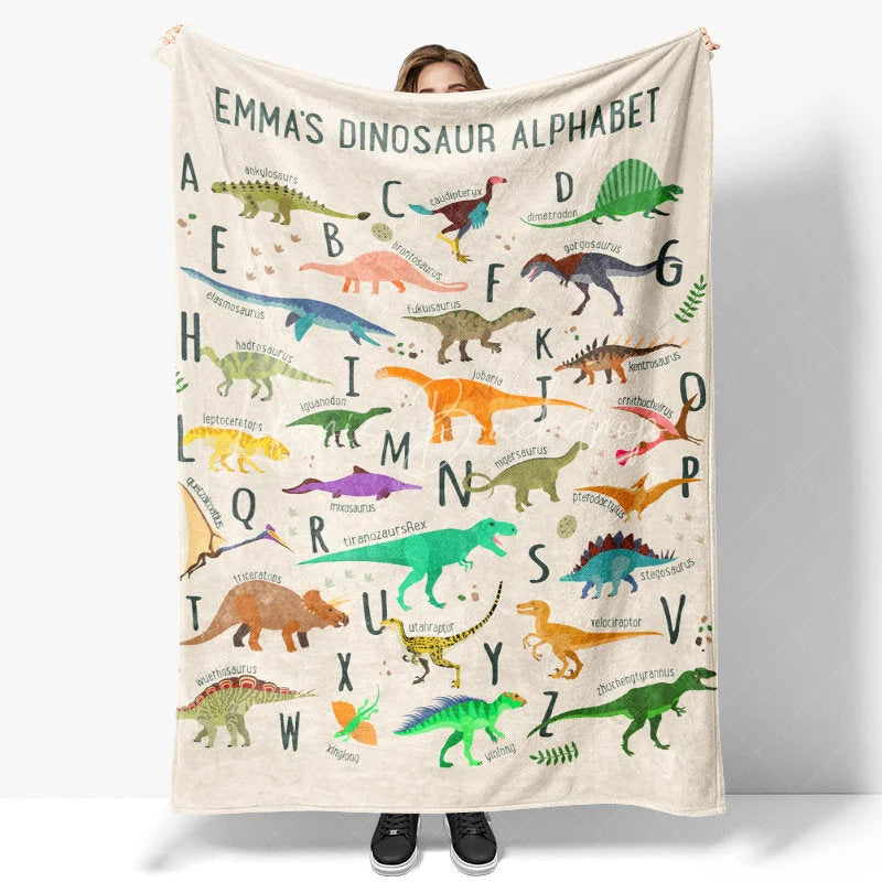 Lofaris Personalized Dinosaur Alphabet Blanket with Custom Name Educational A-Z Dino Chart Fun Nursery Decor for Kids