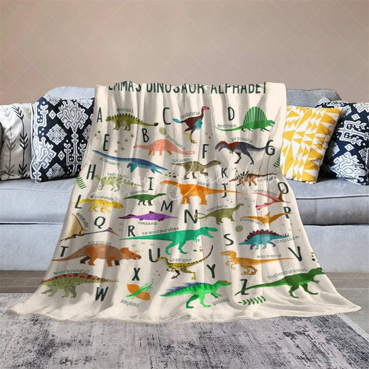 Lofaris Personalized Dinosaur Alphabet Blanket with Custom Name Educational A-Z Dino Chart Fun Nursery Decor for Kids