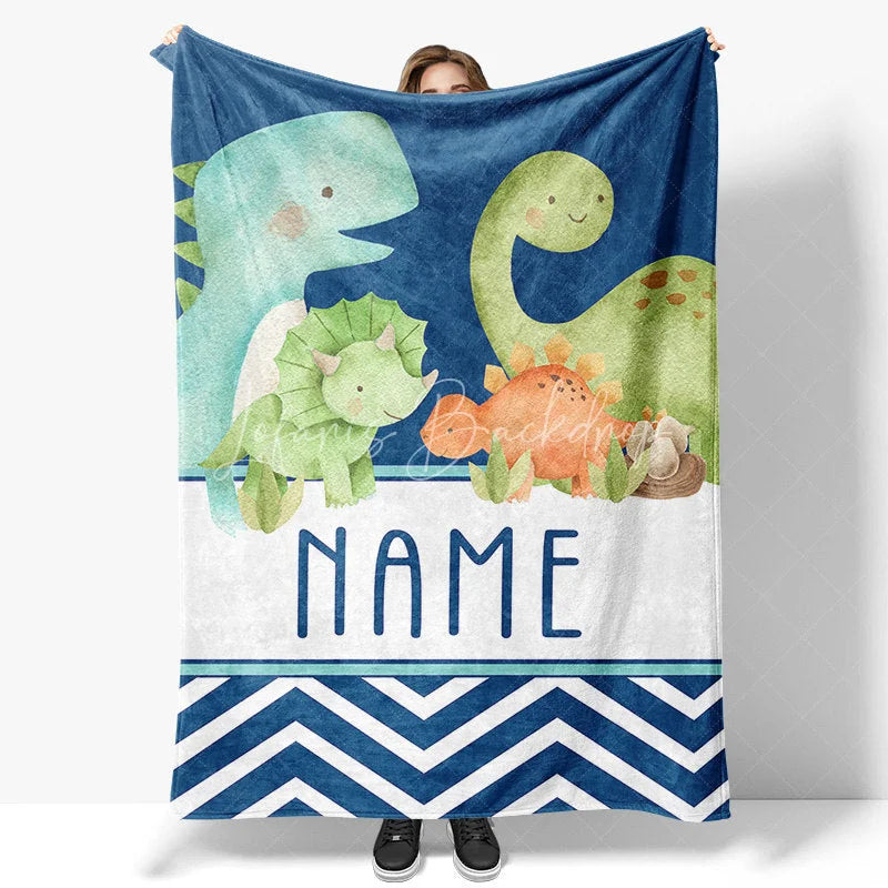 Lofaris Personalized Dinosaur Blanket for Boys with Custom Name Cute Watercolor Dinos on Navy Blue Nursery Baby Shower Gift