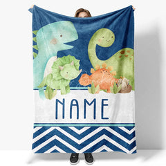 Lofaris Personalized Dinosaur Blanket for Boys with Custom Name Cute Watercolor Dinos on Navy Blue Nursery Baby Shower Gift
