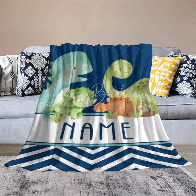 Lofaris Personalized Dinosaur Blanket for Boys with Custom Name Cute Watercolor Dinos on Navy Blue Nursery Baby Shower Gift
