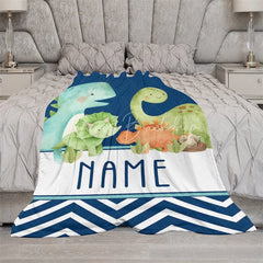 Lofaris Personalized Dinosaur Blanket for Boys with Custom Name Cute Watercolor Dinos on Navy Blue Nursery Baby Shower Gift