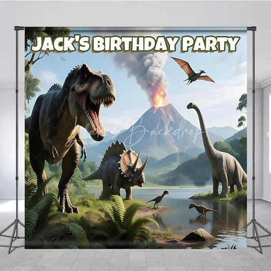 Lofaris Personalized Dinosaur Custom Birthday Backdrop Jungle Volcano T-Rex Boys Party Photography Background