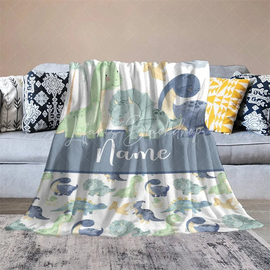 Lofaris Personalized Dinosaur Name Blanket for Boys Cute Watercolor Dino Pattern Custom Nursery Bedding Baby Shower Gift
