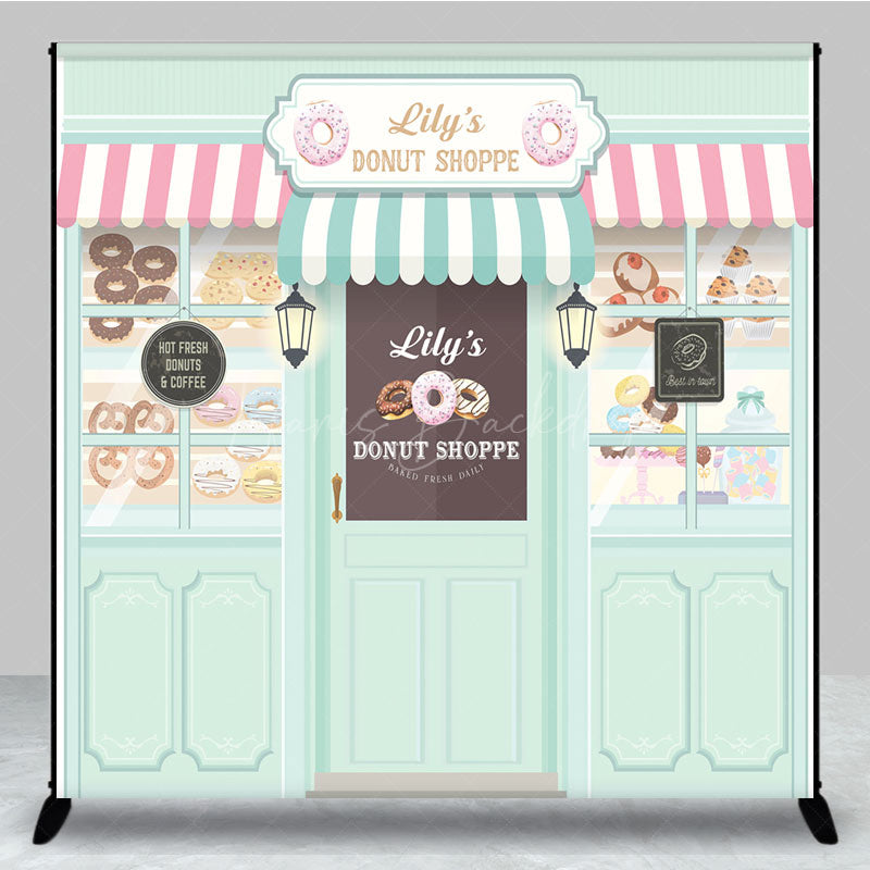 Lofaris Personalized Donut Shoppe Birthday Backdrop Custom Name Pastry Storefront Two Sweet Party Photo Booth Decor