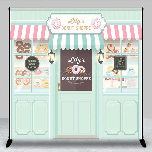 Lofaris Personalized Donut Shoppe Birthday Backdrop Custom Name Pastry Storefront Two Sweet Party Photo Booth Decor