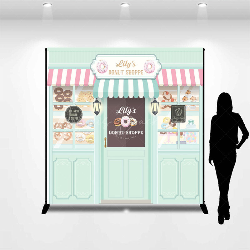 Lofaris Personalized Donut Shoppe Birthday Backdrop Custom Name Pastry Storefront Two Sweet Party Photo Booth Decor