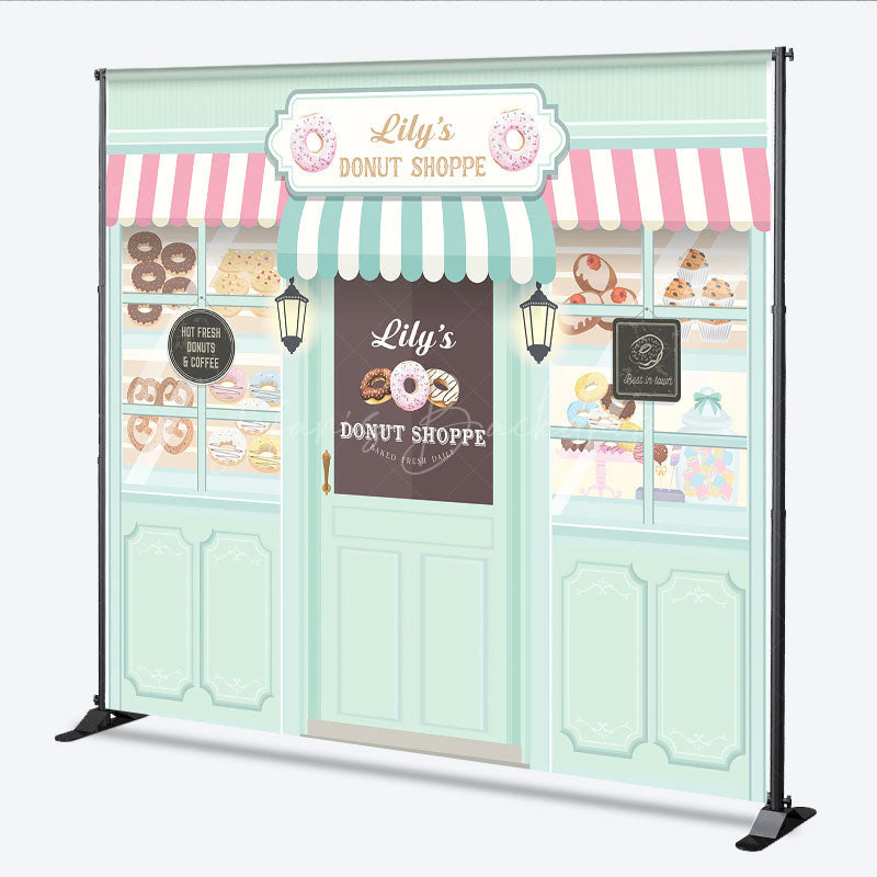 Lofaris Personalized Donut Shoppe Birthday Backdrop Custom Name Pastry Storefront Two Sweet Party Photo Booth Decor