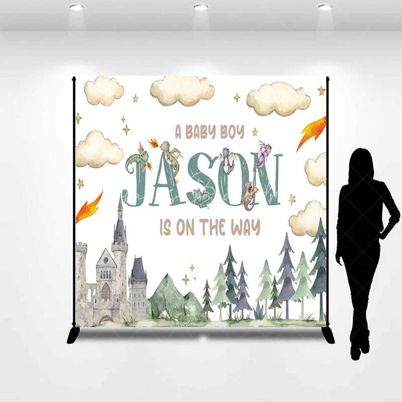 Lofaris Personalized Dragon and Castle Baby Boy Backdrop Custom Name Watercolor Forest Party Banner