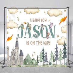 Lofaris Personalized Dragon and Castle Baby Boy Backdrop Custom Name Watercolor Forest Party Banner