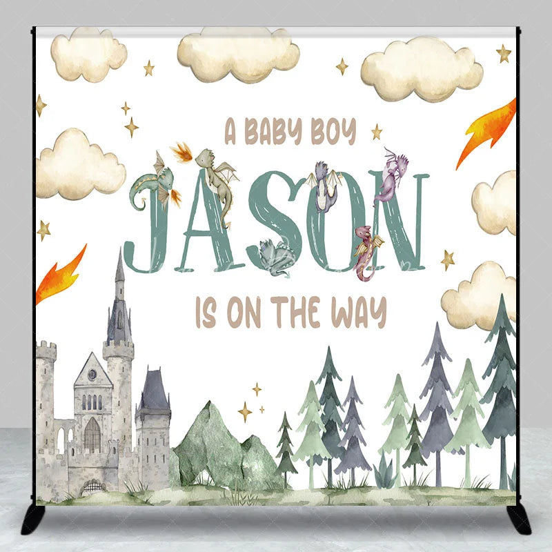 Lofaris Personalized Dragon and Castle Baby Boy Backdrop Custom Name Watercolor Forest Party Banner