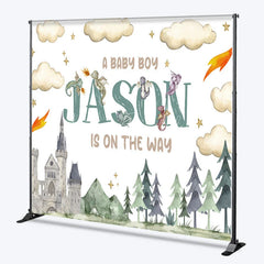 Lofaris Personalized Dragon and Castle Baby Boy Backdrop Custom Name Watercolor Forest Party Banner
