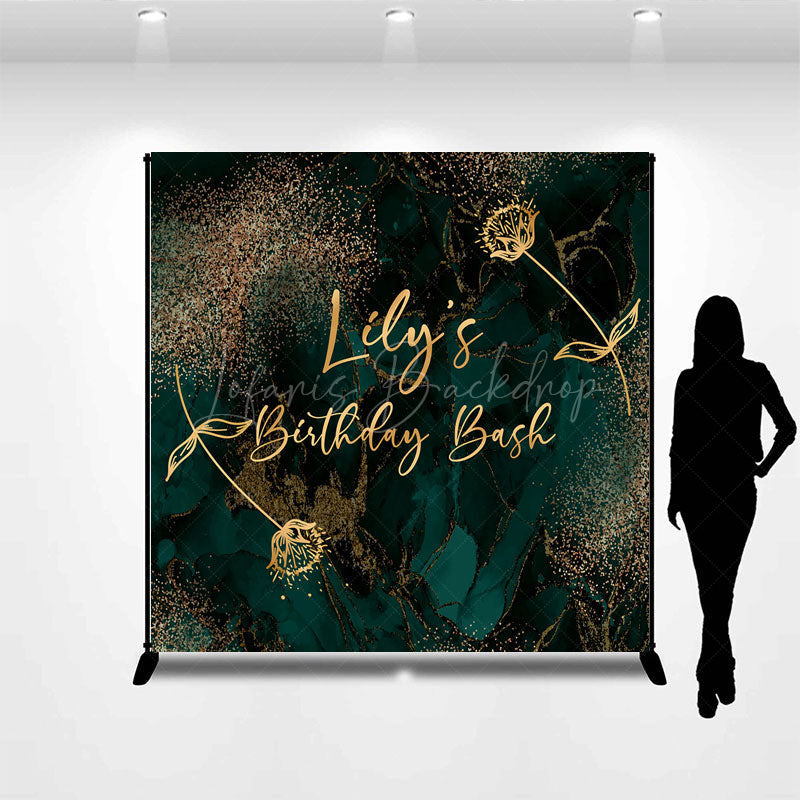 Lofaris Personalized Emerald and Gold Birthday Bash Backdrop Elegant Abstract Marble Custom Name Modern Party Decor