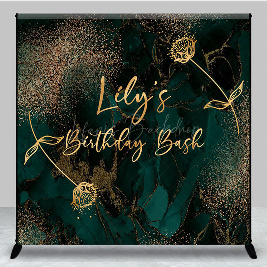 Lofaris Personalized Emerald and Gold Birthday Bash Backdrop Elegant Abstract Marble Custom Name Modern Party Decor