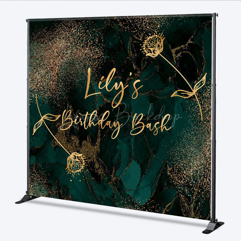 Lofaris Personalized Emerald and Gold Birthday Bash Backdrop Elegant Abstract Marble Custom Name Modern Party Decor