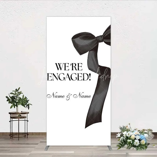 Lofaris Personalized Engagement Rectangle Backdrop Black Bow Minimalist Wedding Sign Decoration