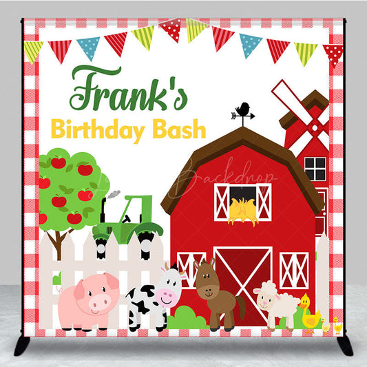 Lofaris Personalized Farm Animals Birthday Bash Backdrop Red Barnyard and Tractor Theme Custom Name Party for Boy
