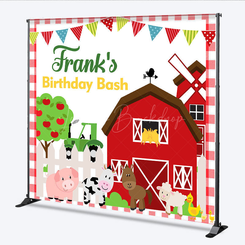 Lofaris Personalized Farm Animals Birthday Bash Backdrop Red Barnyard and Tractor Theme Custom Name Party for Boy