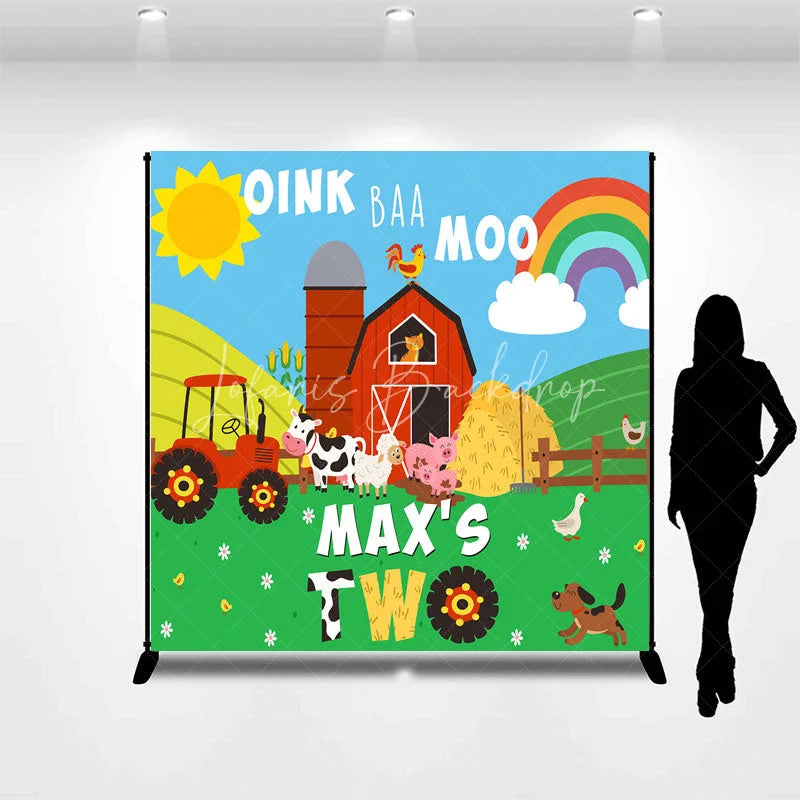 Lofaris Personalized Farm Barnyard Animals Custom Backdrop with Oink Baa Moo Second Birthday Party Decor