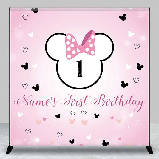 Lofaris Personalized First Birthday Backdrop Pink Polka Dot Mouse Ears and Bow Baby Girl 1st Background