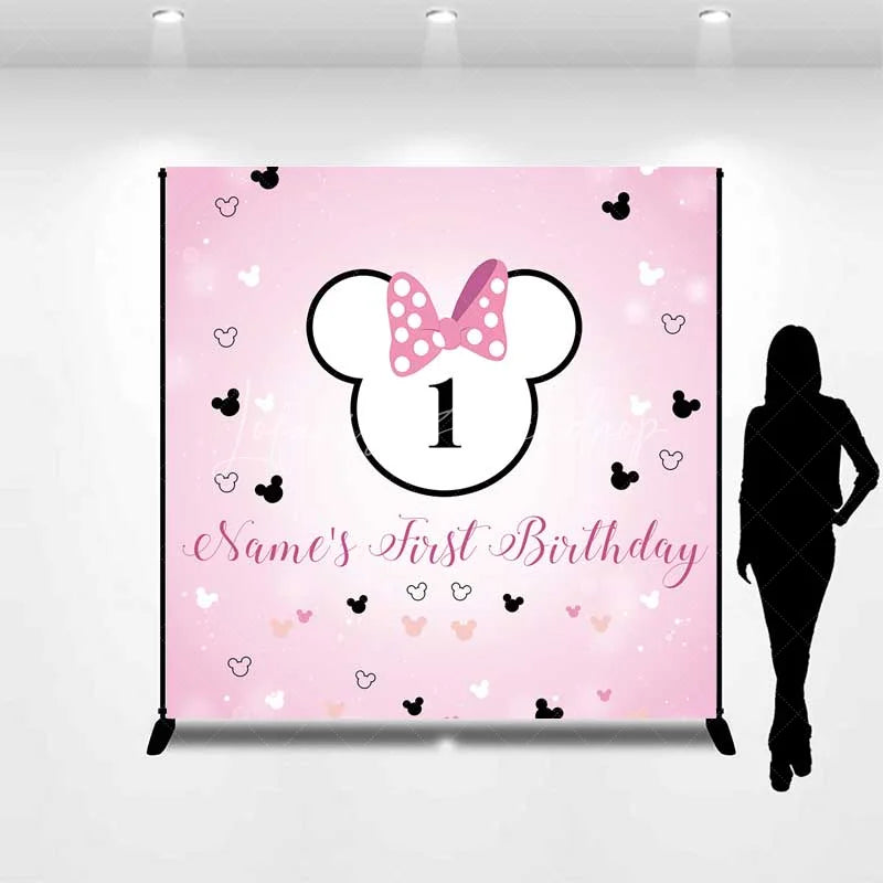 Lofaris Personalized First Birthday Backdrop Pink Polka Dot Mouse Ears and Bow Baby Girl 1st Background