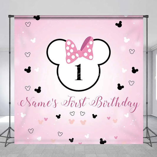 Lofaris Personalized First Birthday Backdrop Pink Polka Dot Mouse Ears and Bow Baby Girl 1st Background