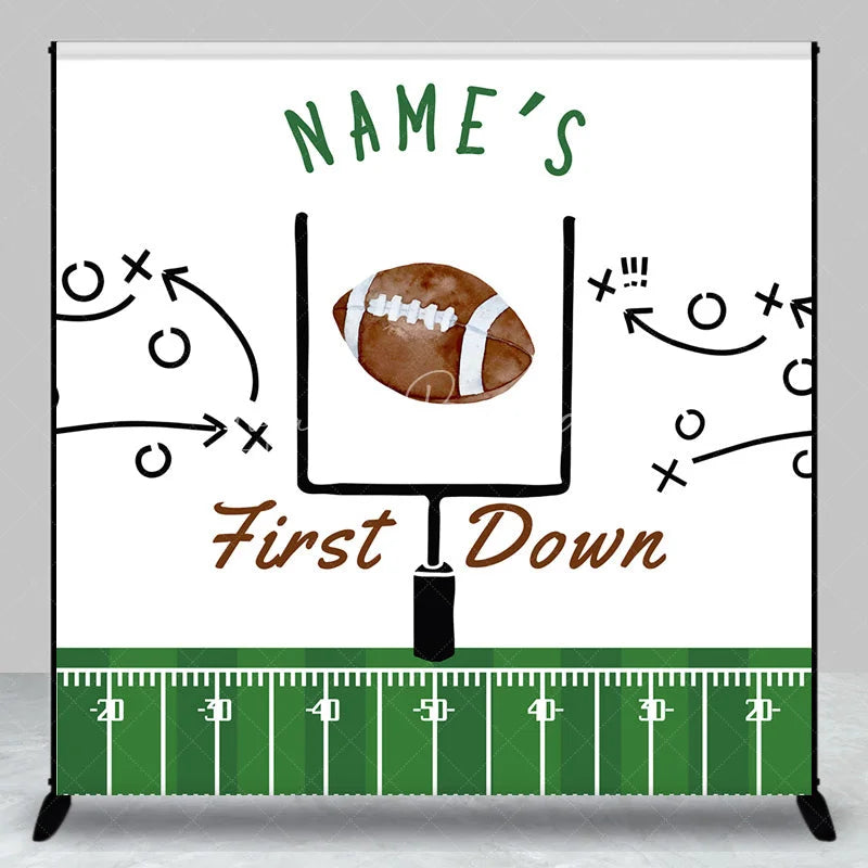 Lofaris Personalized First Down 1st Birthday Backdrop Football Field and Goal Post Sports Background Custom Name Boys Party Decor