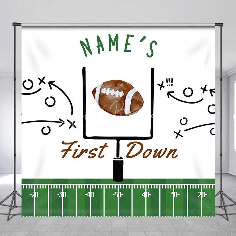 Lofaris Personalized First Down 1st Birthday Backdrop Football Field and Goal Post Sports Background Custom Name Boys Party Decor