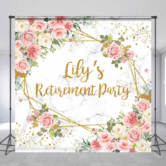 Lofaris Personalized Floral Retirement Party Backdrop Elegant Pink Rose and Gold Geometric Frame Custom Name on Marble Decor