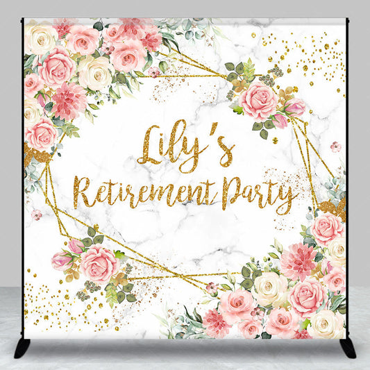 Lofaris Personalized Floral Retirement Party Backdrop Elegant Pink Rose and Gold Geometric Frame Custom Name on Marble Decor
