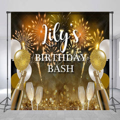 Lofaris Personalized Gold and Black Birthday Bash Custom Backdrop featuring Fireworks Balloons Champagne Flutes.