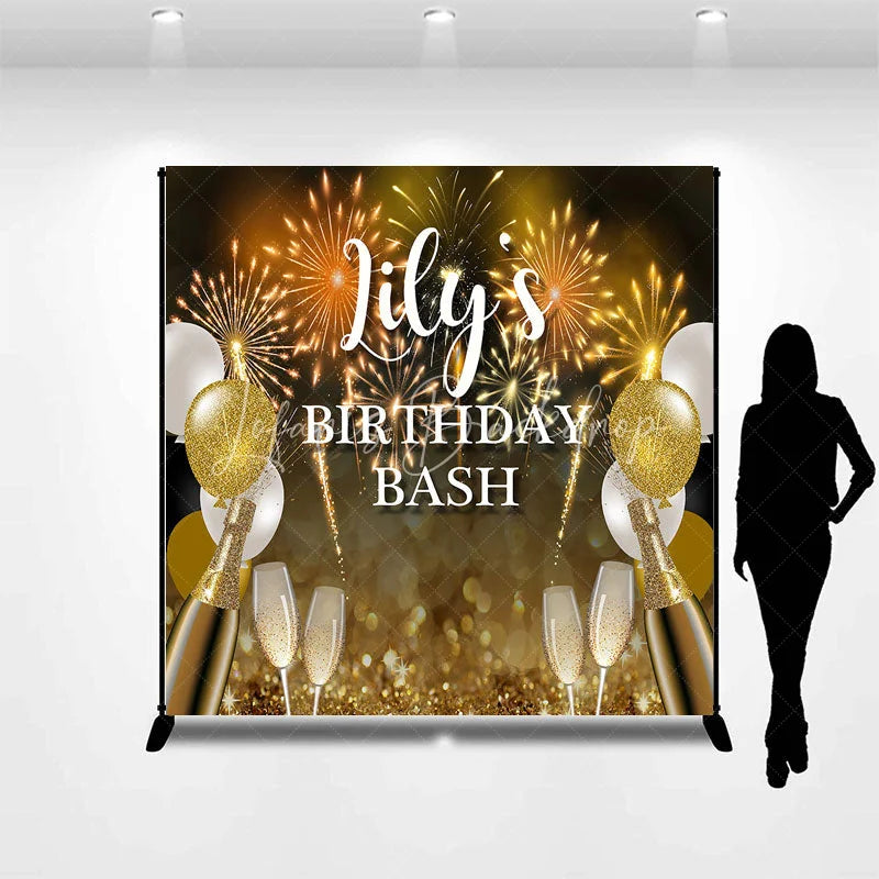 Lofaris Personalized Gold and Black Birthday Bash Custom Backdrop featuring Fireworks Balloons Champagne Flutes.