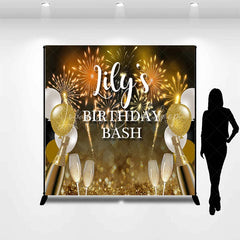 Lofaris Personalized Gold and Black Birthday Bash Custom Backdrop featuring Fireworks Balloons Champagne Flutes.
