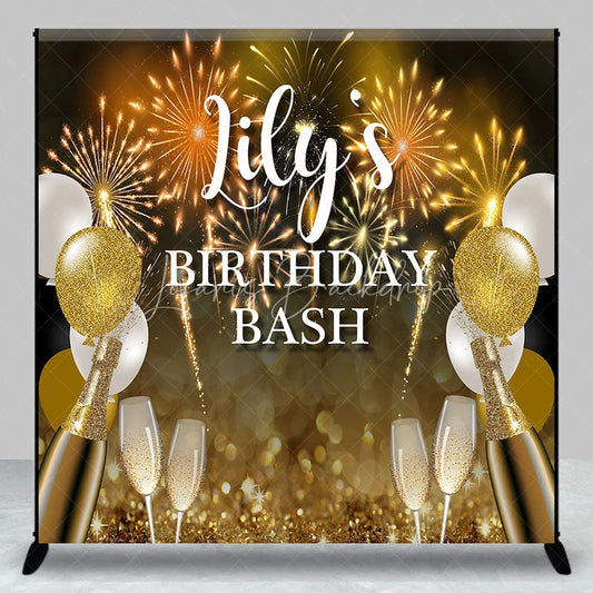 Lofaris Personalized Gold and Black Birthday Bash Custom Backdrop featuring Fireworks Balloons Champagne Flutes.