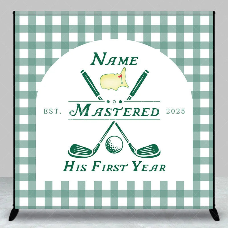 Lofaris Personalized Golf First Year Down Birthday Backdrop Custom Name Green Gingham Sports Party Banner