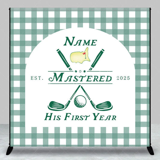 Lofaris Personalized Golf First Year Down Birthday Backdrop Custom Name Green Gingham Sports Party Banner