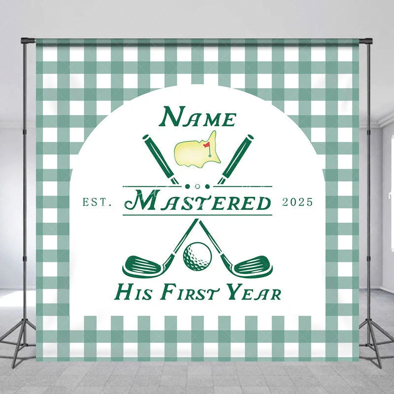Lofaris Personalized Golf First Year Down Birthday Backdrop Custom Name Green Gingham Sports Party Banner