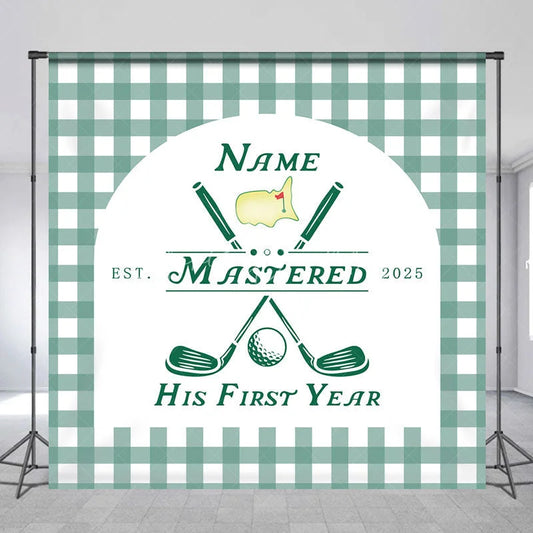 Lofaris Personalized Golf First Year Down Birthday Backdrop Custom Name Green Gingham Sports Party Banner