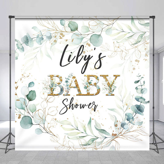 Lofaris Personalized Greenery Baby Shower Backdrop Eucalyptus Wreath with Gold Accents Custom Name Botanical Decor