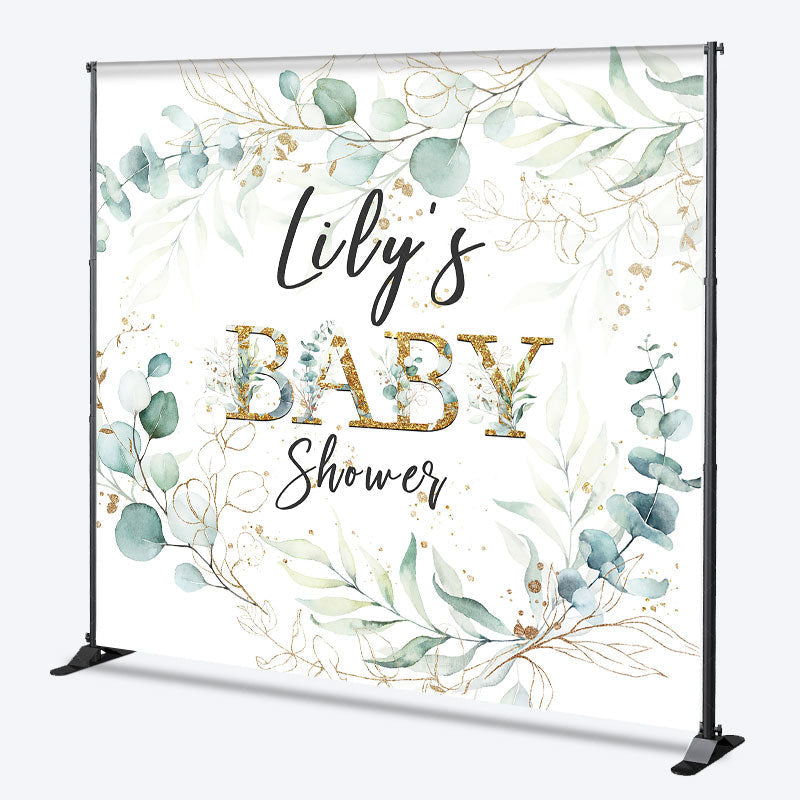 Lofaris Personalized Greenery Baby Shower Backdrop Eucalyptus Wreath with Gold Accents Custom Name Botanical Decor