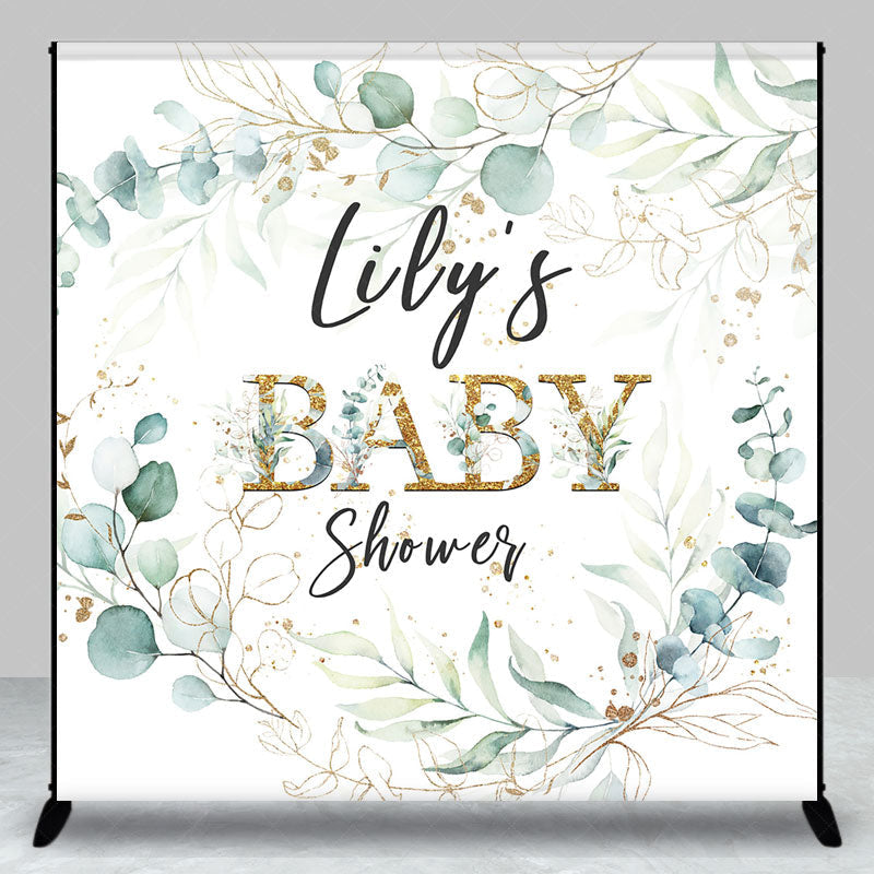 Lofaris Personalized Greenery Baby Shower Backdrop Eucalyptus Wreath with Gold Accents Custom Name Botanical Decor
