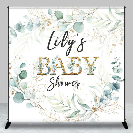 Lofaris Personalized Greenery Baby Shower Backdrop Eucalyptus Wreath with Gold Accents Custom Name Botanical Decor