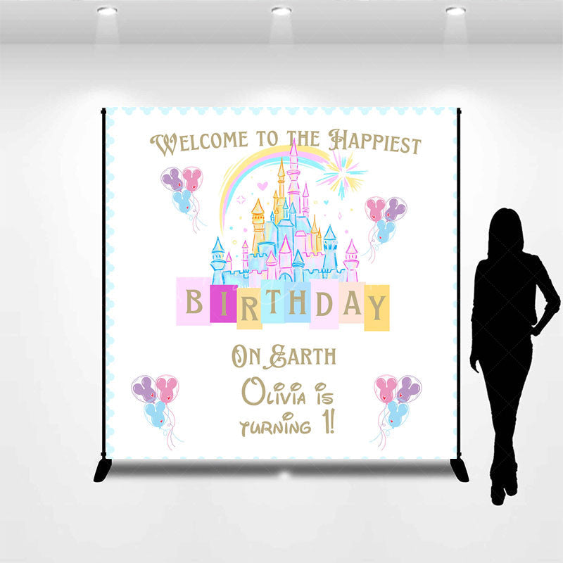 Lofaris Personalized Happiest Birthday on Earth Backdrop Fairytale Castle First Princess Theme Party Decor