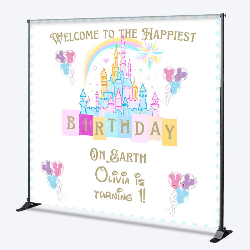 Lofaris Personalized Happiest Birthday on Earth Backdrop Fairytale Castle First Princess Theme Party Decor