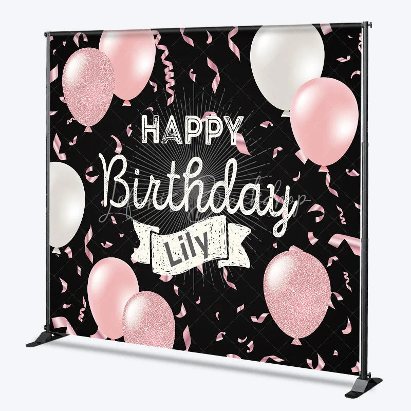 Lofaris Personalized Happy Birthday Backdrop Pink and White Balloons on Black Background Custom Name Girls Party Decor