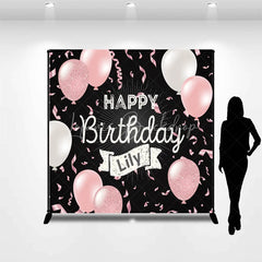 Lofaris Personalized Happy Birthday Backdrop Pink and White Balloons on Black Background Custom Name Girls Party Decor